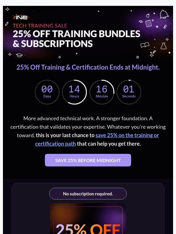Ending Tonight: 25% Off Training and Certifications email from eLearnSecurity