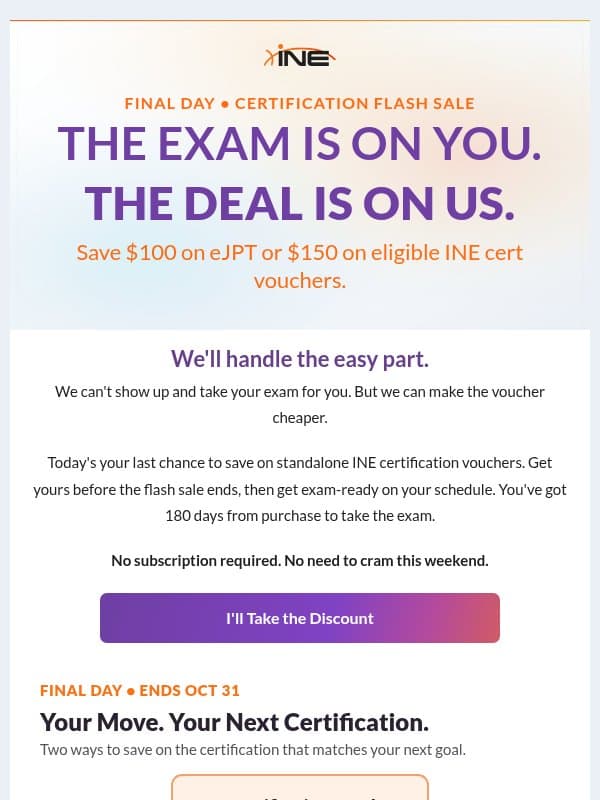 We Can't Take Your Exam. But We Can Save You Up to $150. email from eLearnSecurity