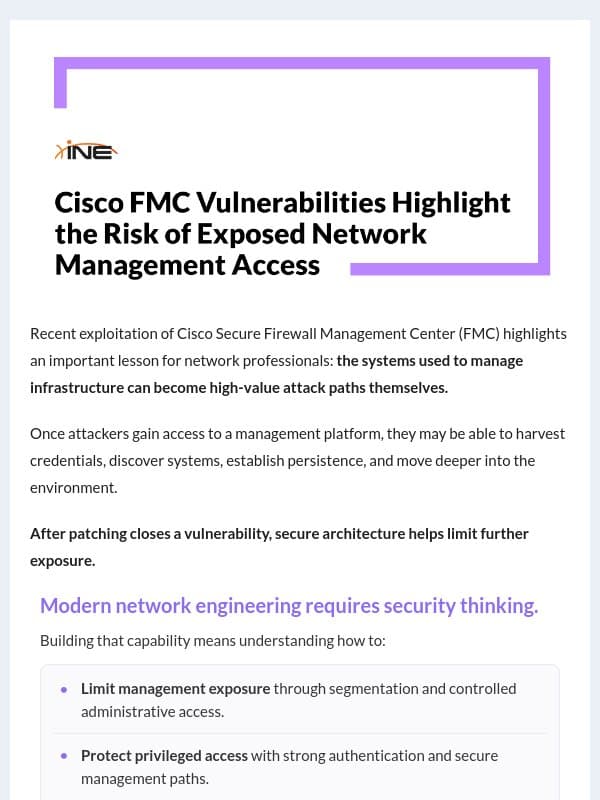Cisco FMC Exploitation Shows Why Network Security Skills Matter email from eLearnSecurity