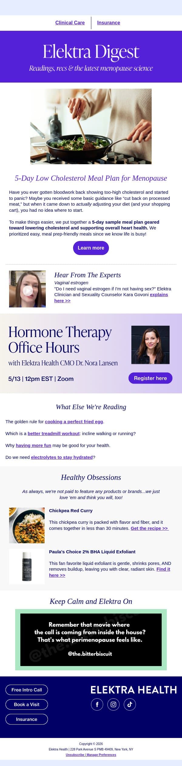 A low-cholesterol meal plan for menopause email from Elektra Health screenshot