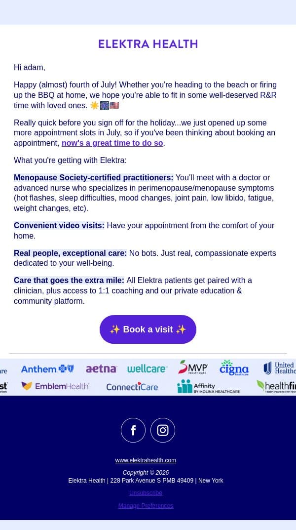 Quick note before the long weekend! email from Elektra Health screenshot
