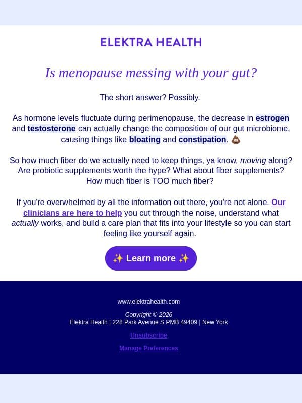 Menopause messing with your gut? email from Elektra Health screenshot