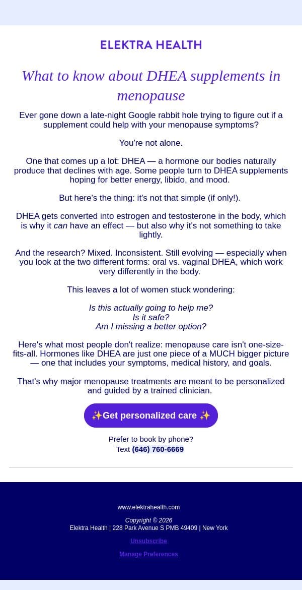 Thinking about DHEA? Read this first. email from Elektra Health screenshot