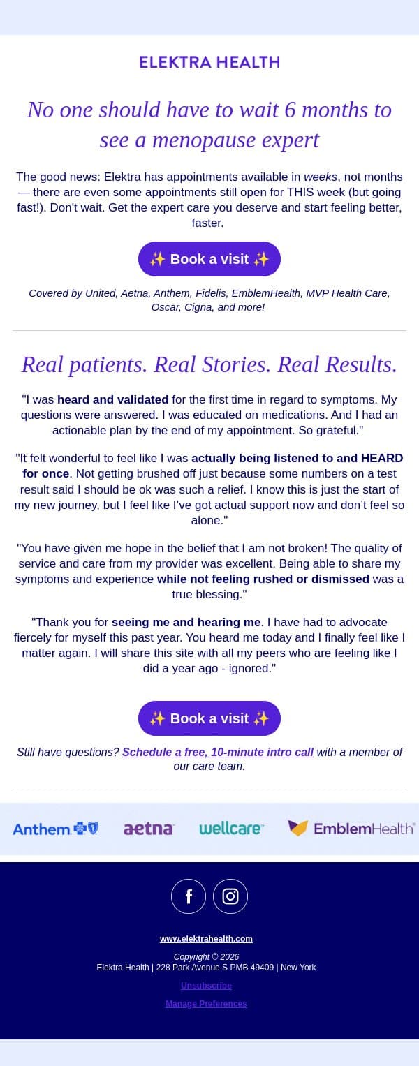 Appointments available THIS week email from Elektra Health screenshot