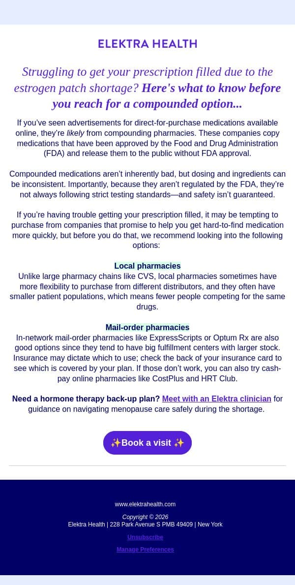 Before reaching for compounded meds, read this email from Elektra Health screenshot