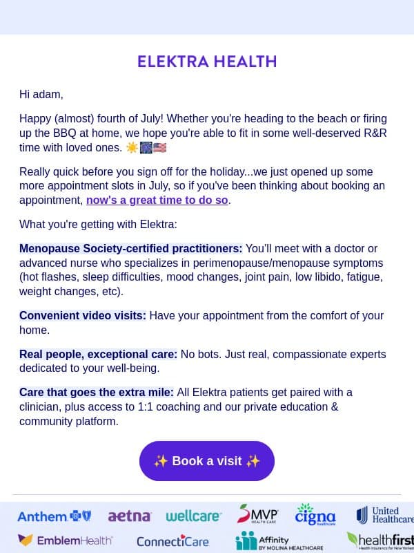 Quick note before the long weekend! email from Elektra Health