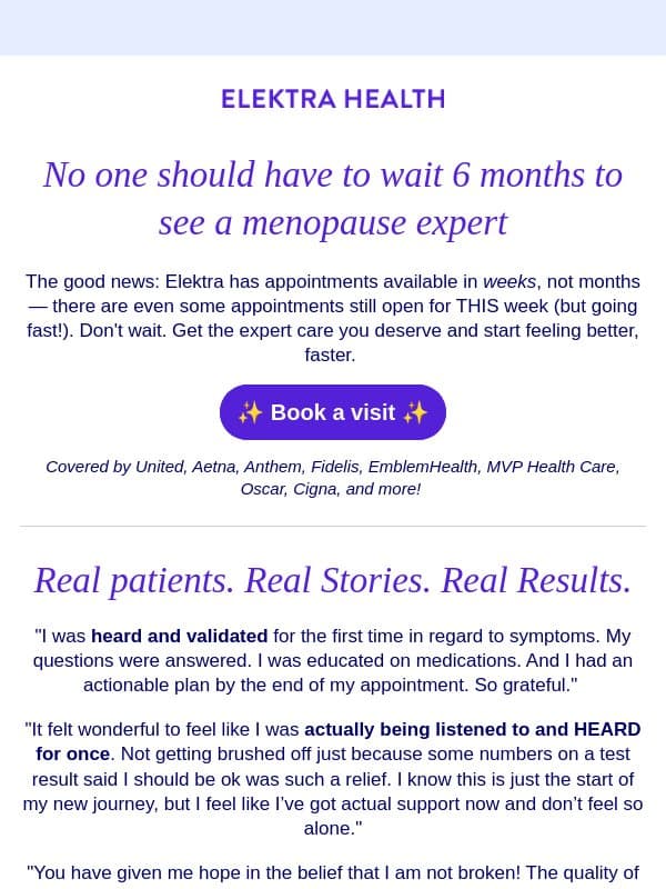 Appointments available THIS week email from Elektra Health