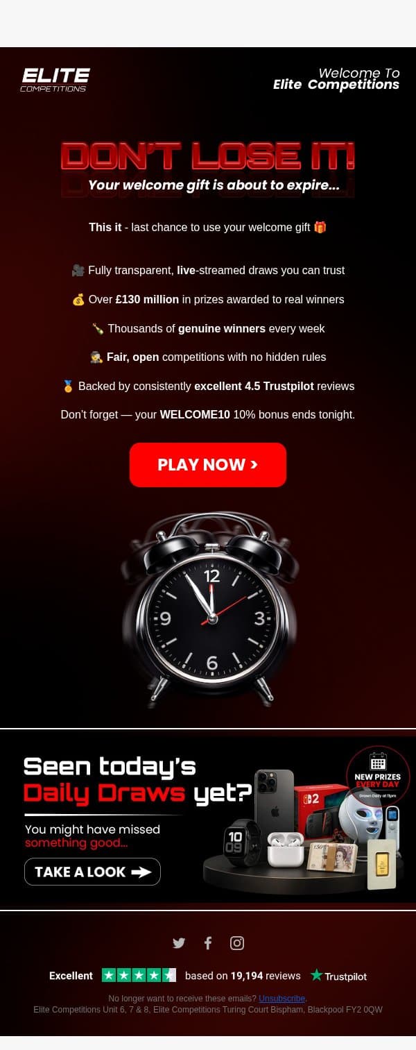 Final hours: your free credit is still sitting there 🫵 email from Elite Competitions screenshot