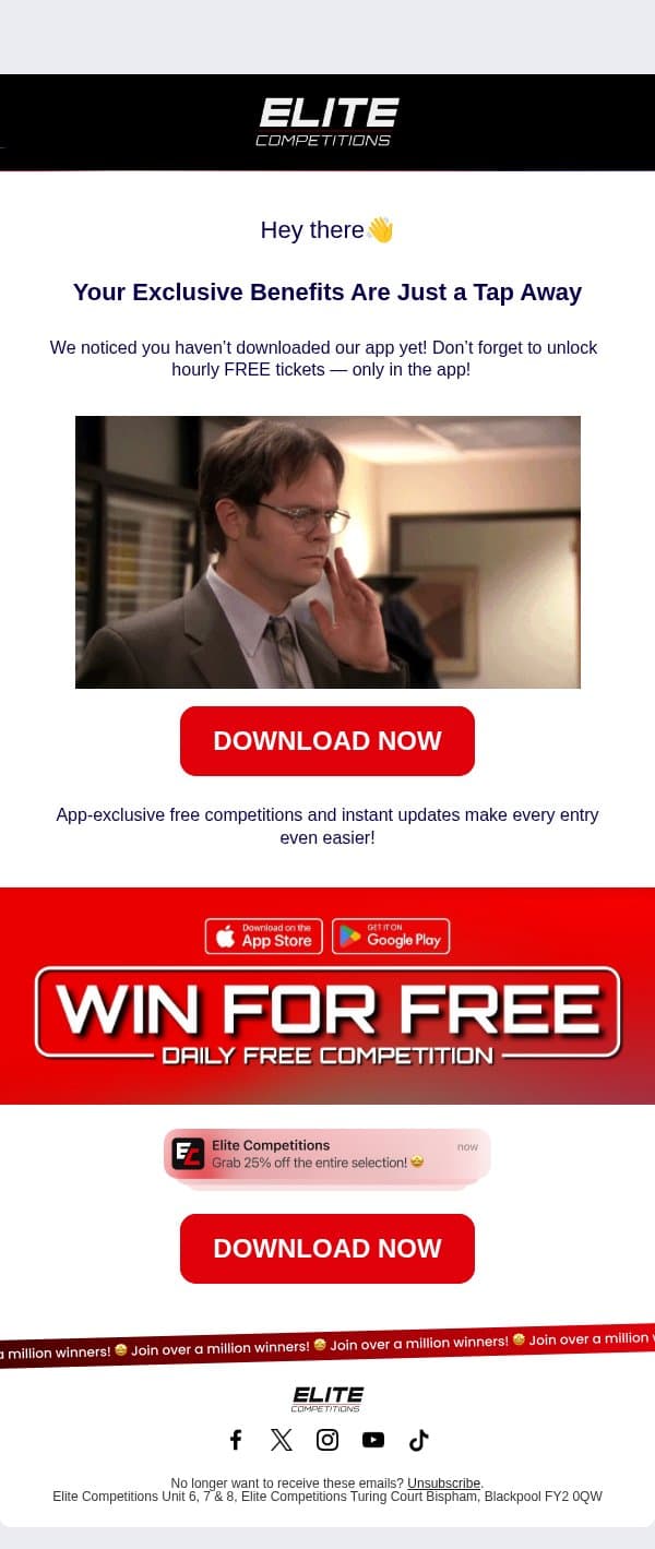 Don’t Forget to Get Your App-Only Benefits! email from Elite Competitions screenshot