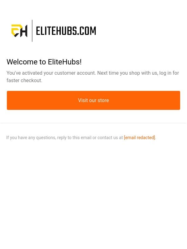Customer account confirmation email from EliteHubs