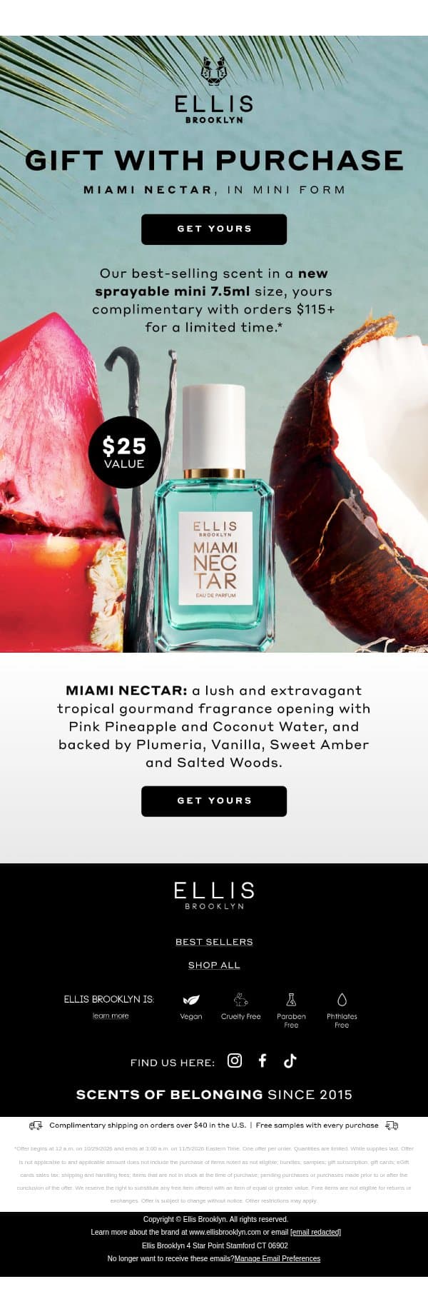 Complimentary: New MIAMI NECTAR Mini 🩵 email from Ellis Brooklyn screenshot