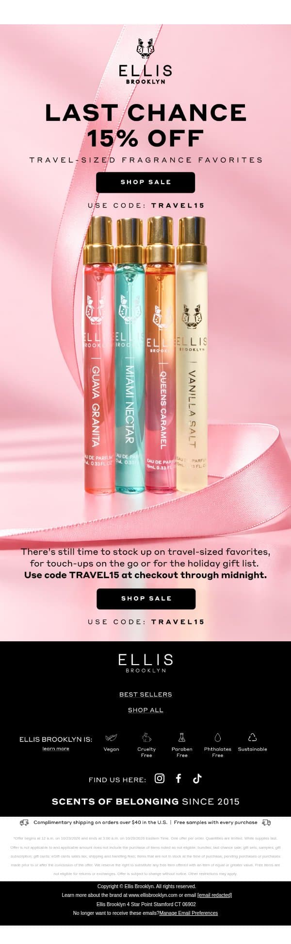 ENDS TONIGHT: 15% Off Travel Size Scents email from Ellis Brooklyn screenshot