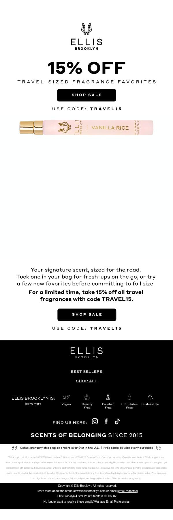 15% OFF Travel Fragrance Favorites ✈️ email from Ellis Brooklyn screenshot