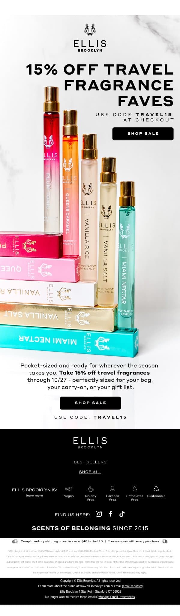 STILL ON: 15% Off Travel Fragrances email from Ellis Brooklyn screenshot