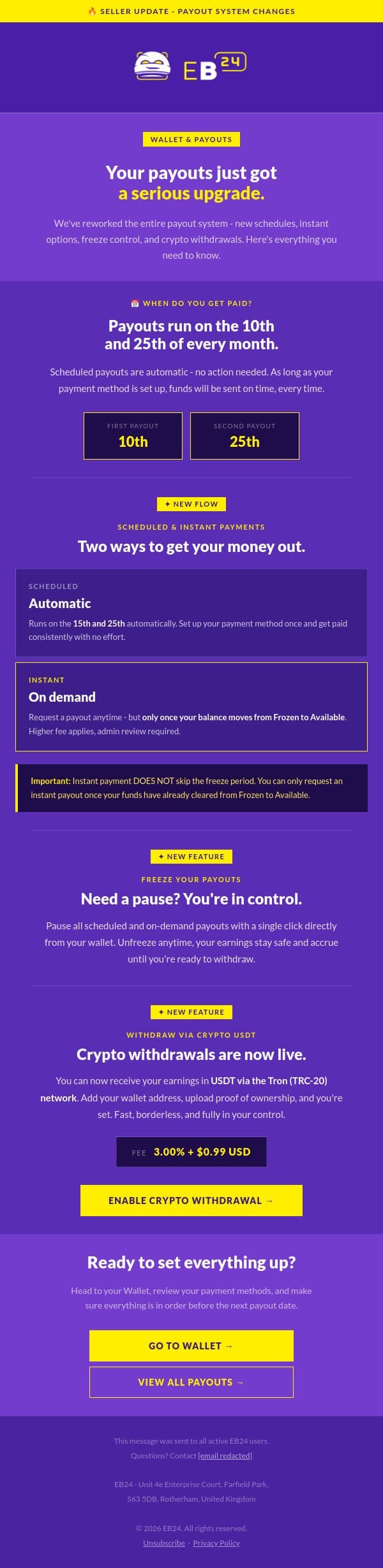 đź’¸EB24: New payout dates, instant withdrawals & crypto - all live now email from Eloboost24 screenshot