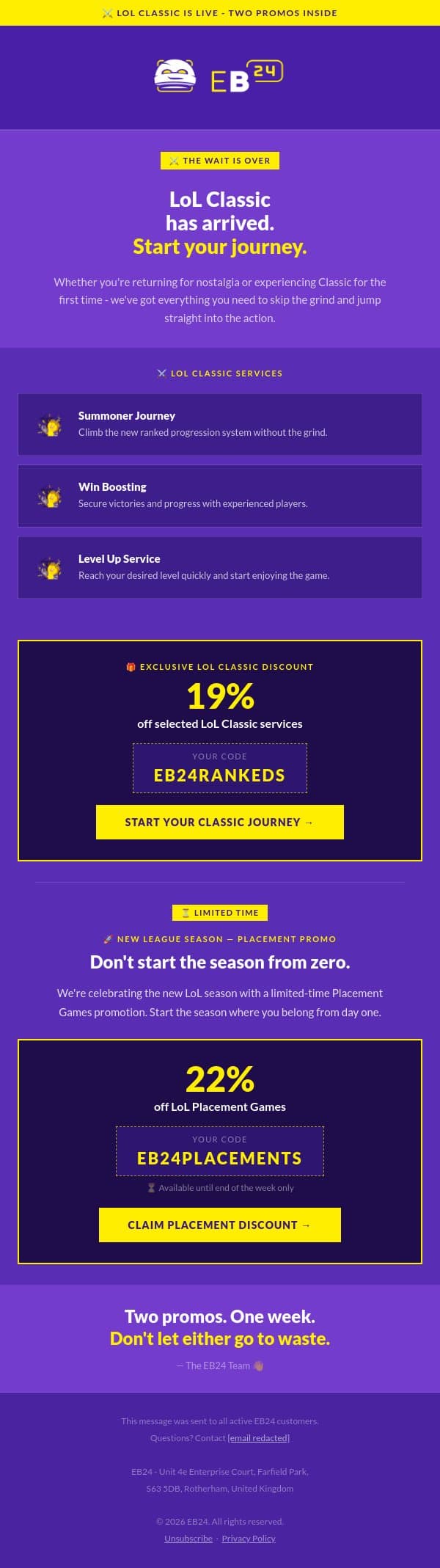 LoL Classic Has Arrived - Start Your Journey with EB24 Today! email from Eloboost24 screenshot
