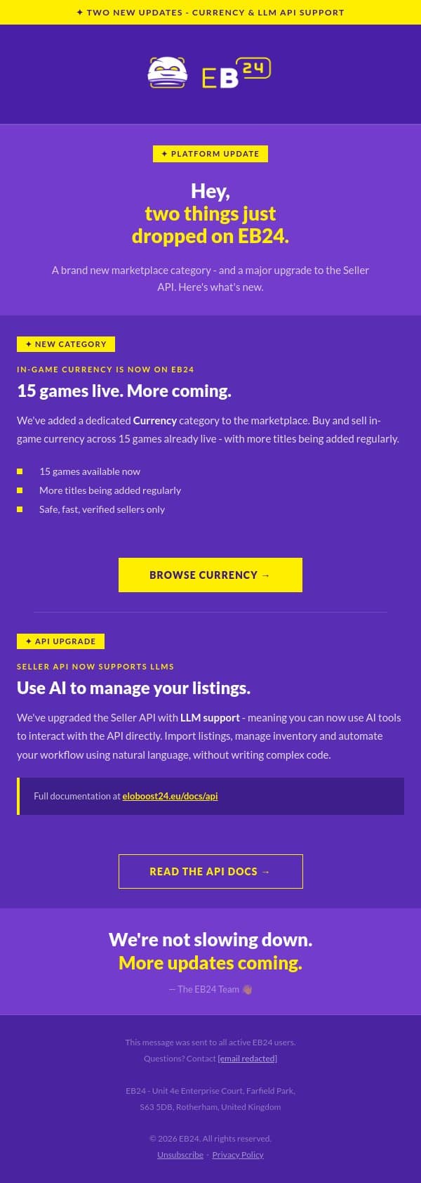 New on EB24: buy in-game currency + smarter seller tools email from Eloboost24 screenshot