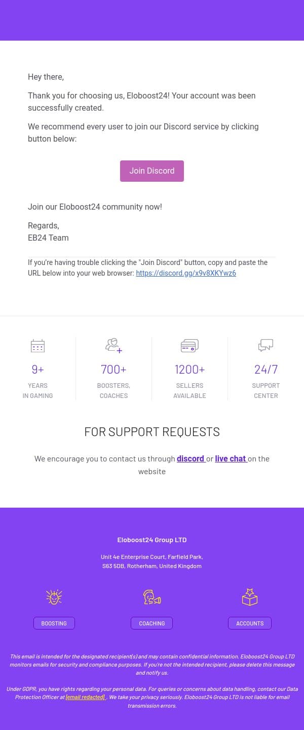 Eloboost24 registration email from Eloboost24 screenshot