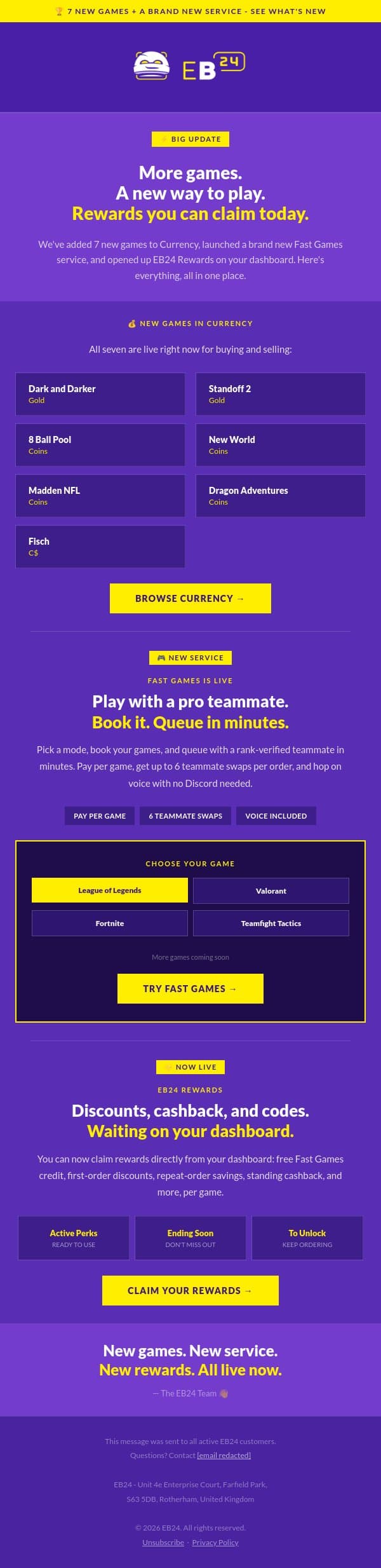 EB24 Big Update: New Games, New Service, New Rewards email from Eloboost24 screenshot