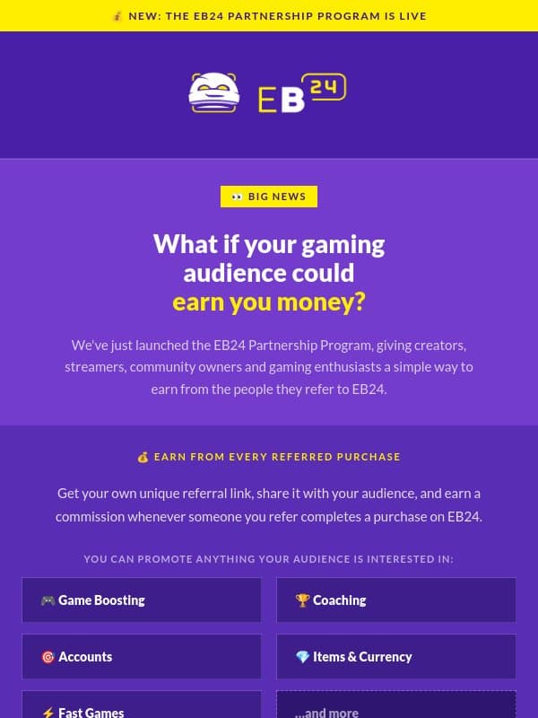 💰 Turn Your Gaming Audience Into Earnings with EB24 email from Eloboost24