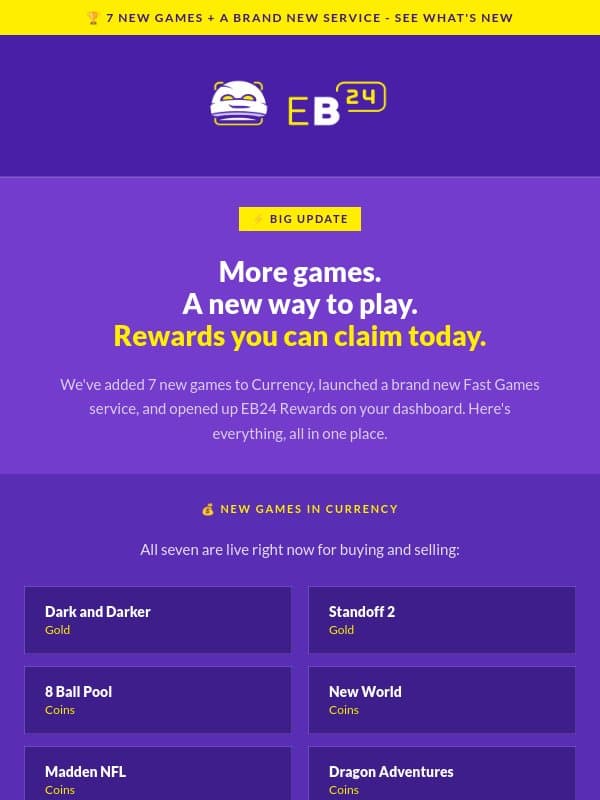 EB24 Big Update: New Games, New Service, New Rewards email from Eloboost24