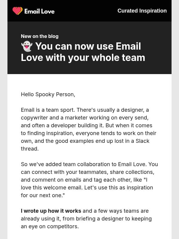 👻 Boo! Now you can collaborate with your whole team on Email Love email from Email Love