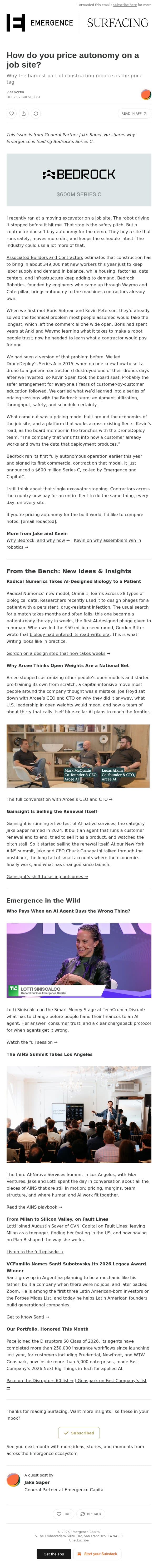 How do you price autonomy on a job site? email from Emergence Capital screenshot