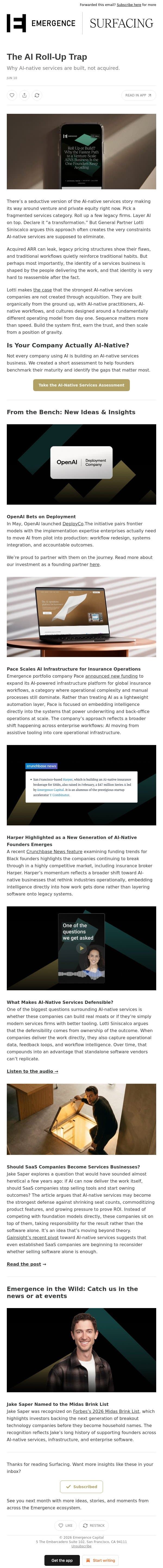 The AI Roll-Up Trap email from Emergence Capital screenshot