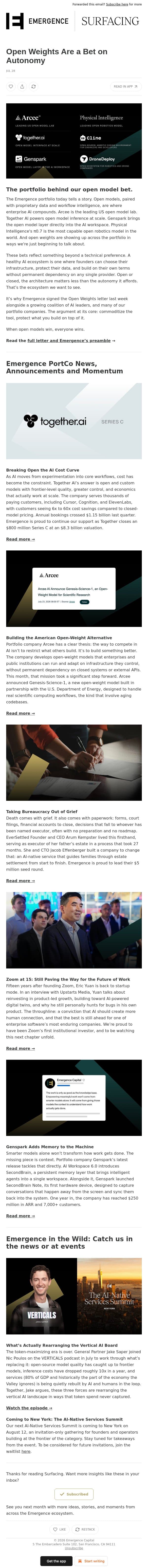 Open Weights Are a Bet on Autonomy email from Emergence Capital screenshot