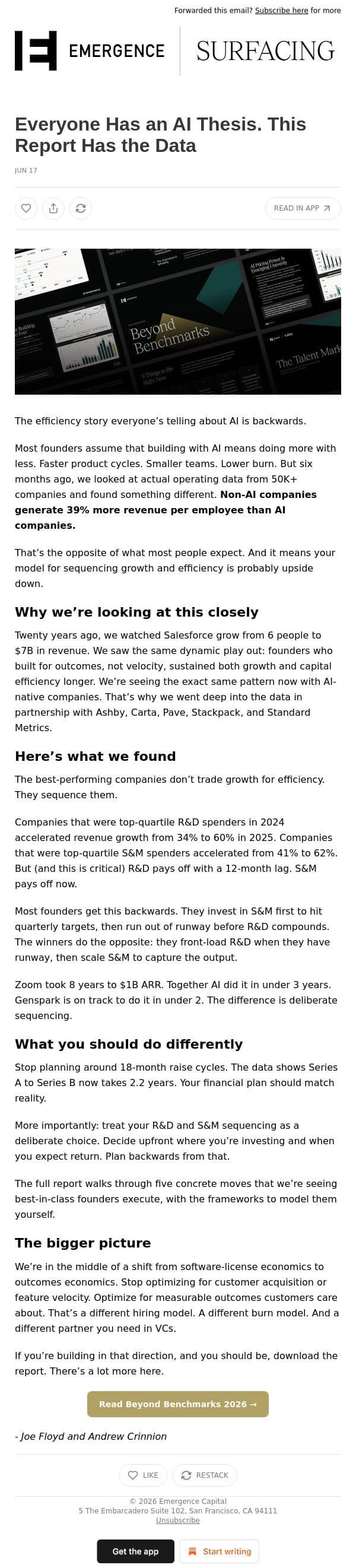 Everyone Has an AI Thesis. This Report Has the Data email from Emergence Capital screenshot