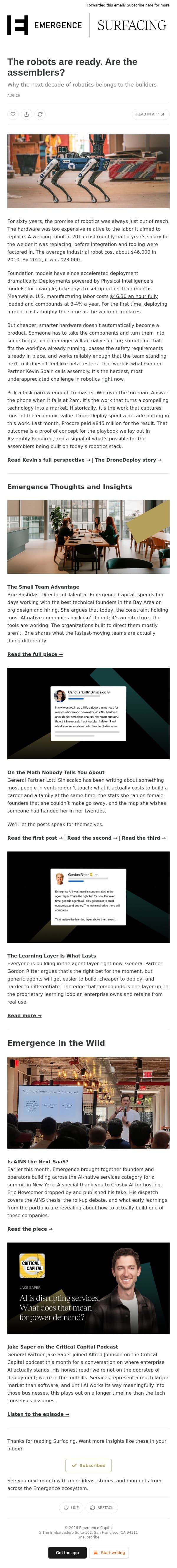 The robots are ready. Are the assemblers? email from Emergence Capital screenshot