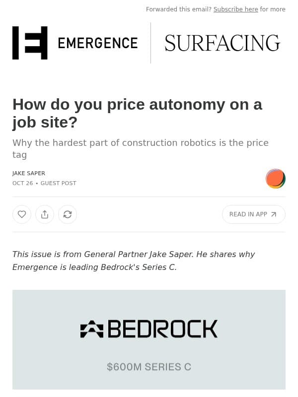 How do you price autonomy on a job site? email from Emergence Capital
