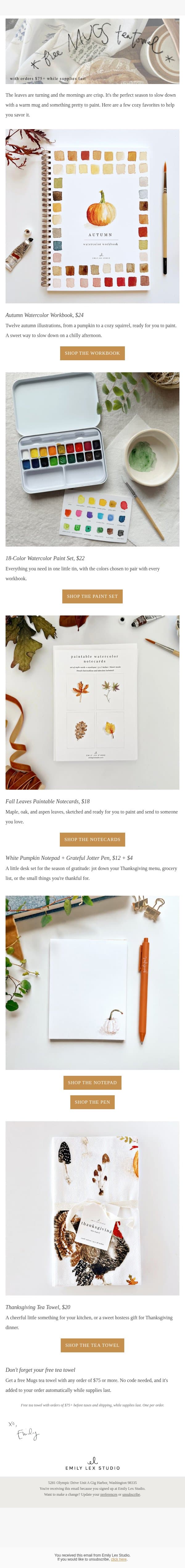 cozy fall favorites (+ your free tea towel) email from Emily Lex Studio screenshot