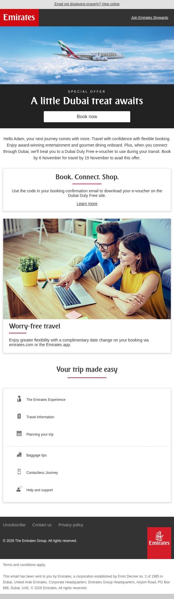Enjoy a complimentary e-voucher email from Emirates screenshot