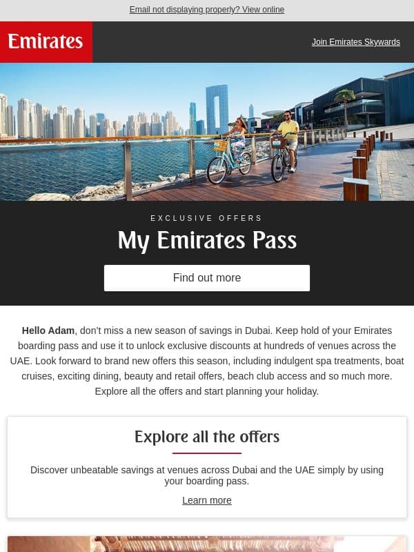 New offers in Dubai and the UAE with My Emirates Pass email from Emirates