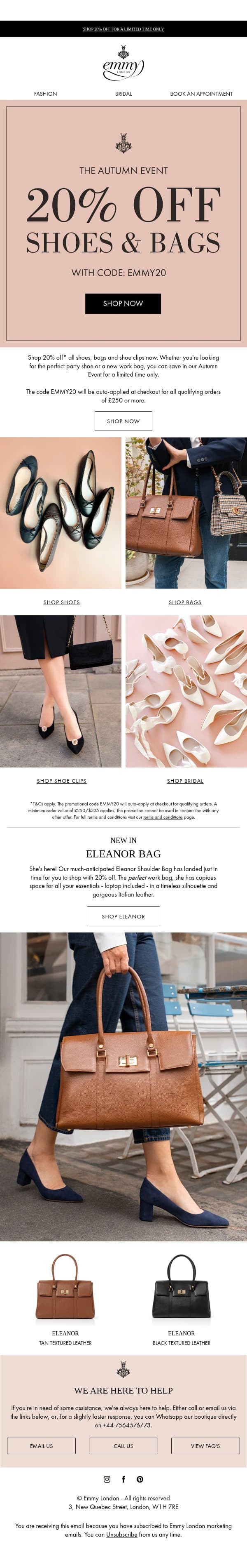 20% Off All Shoes & Bags Starts Now! email from Emmy London screenshot