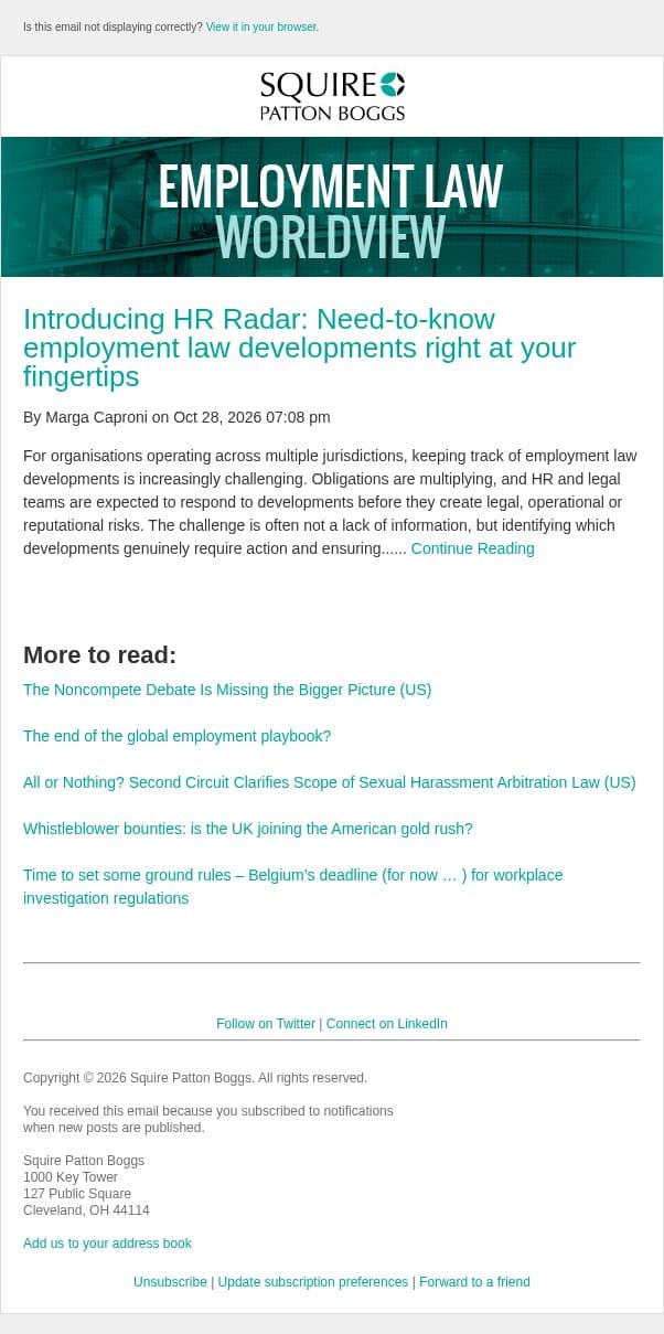 Introducing HR Radar: Need-to-know employment law developments right at your fingertips email from Employment Law Worldview screenshot