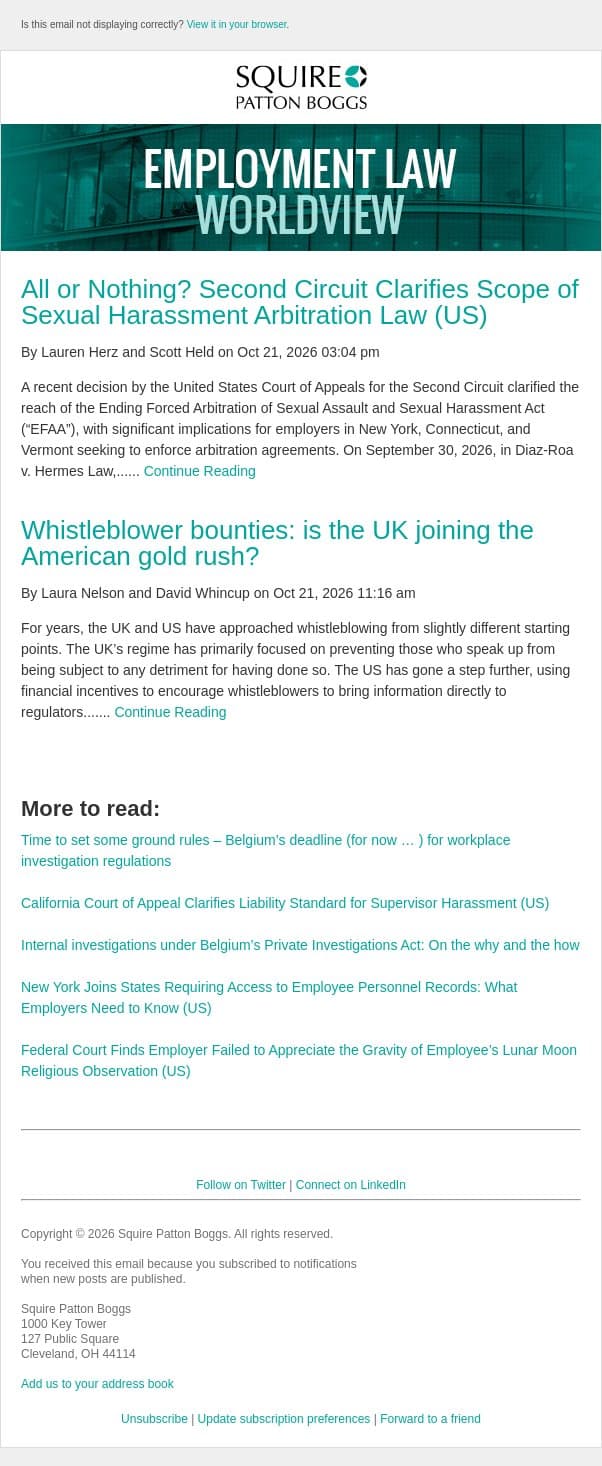 All or Nothing? Second Circuit Clarifies Scope of Sexual Harassment Arbitration Law (US) email from Employment Law Worldview screenshot