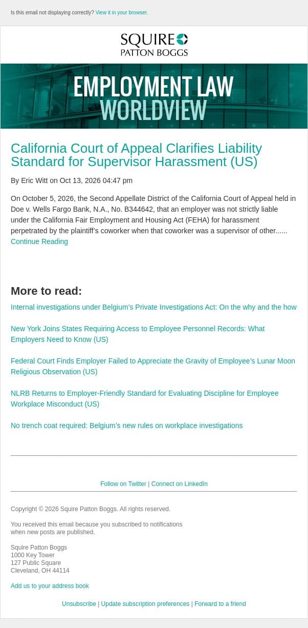 California Court of Appeal Clarifies Liability Standard for Supervisor Harassment (US) email from Employment Law Worldview screenshot