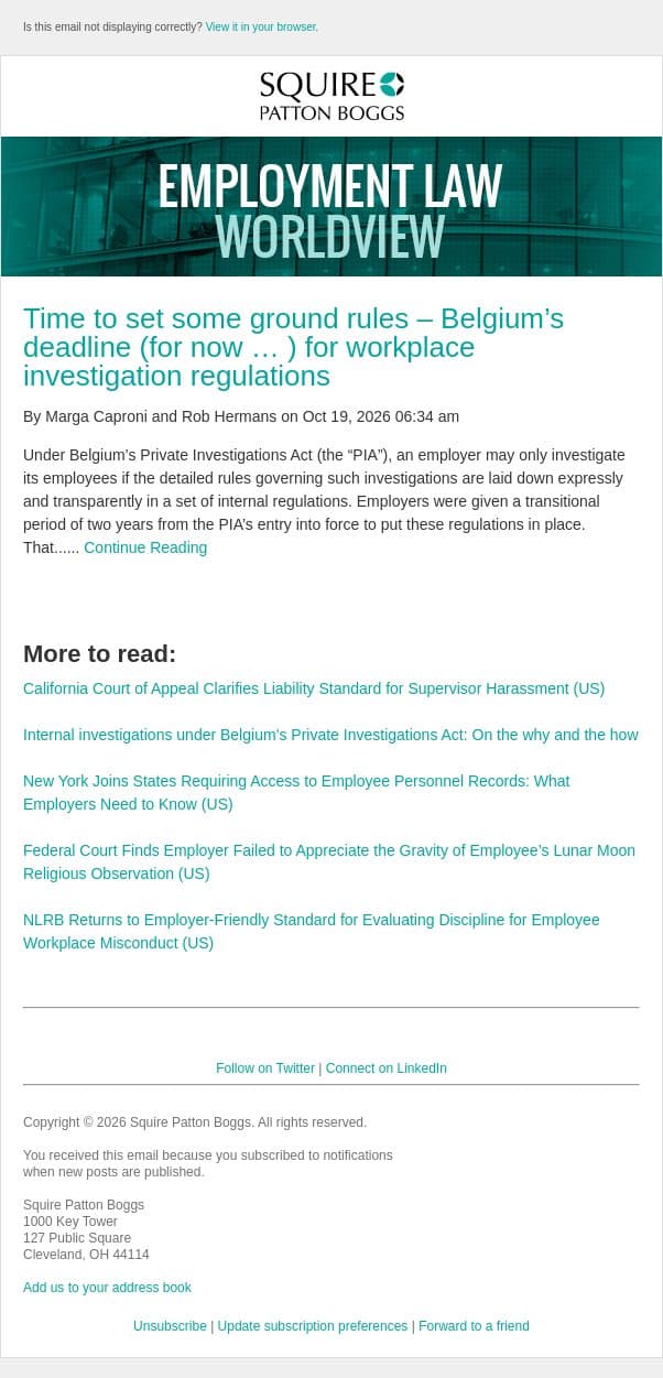 Time to set some ground rules – Belgium’s deadline (for now … ) for workplace investigation regulations email from Employment Law Worldview screenshot