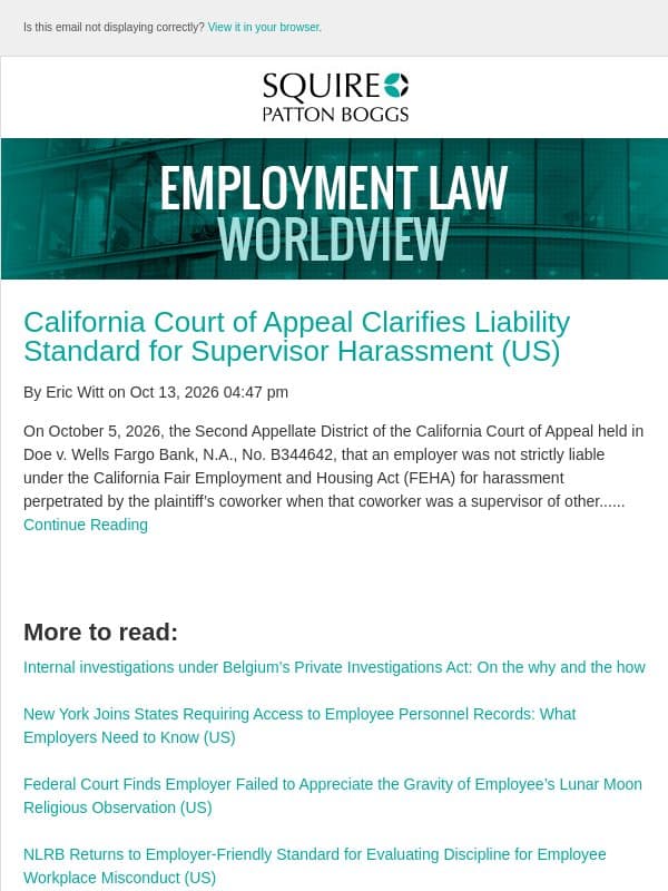 California Court of Appeal Clarifies Liability Standard for Supervisor Harassment (US) email from Employment Law Worldview