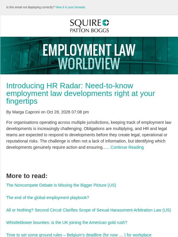 Introducing HR Radar: Need-to-know employment law developments right at your fingertips email from Employment Law Worldview