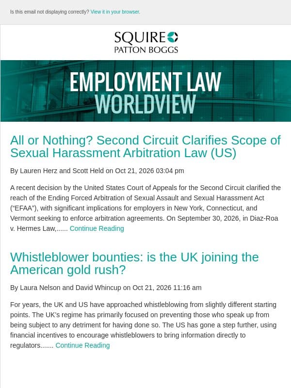 All or Nothing? Second Circuit Clarifies Scope of Sexual Harassment Arbitration Law (US) email from Employment Law Worldview