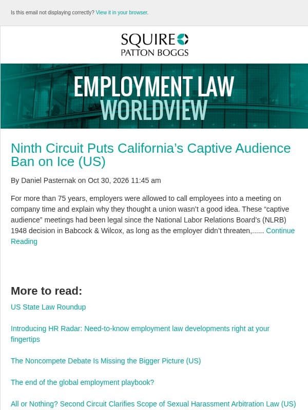 Ninth Circuit Puts California’s Captive Audience Ban on Ice (US) email from Employment Law Worldview