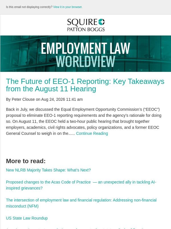 The Future of EEO-1 Reporting: Key Takeaways from the August 11 Hearing email from Employment Law Worldview