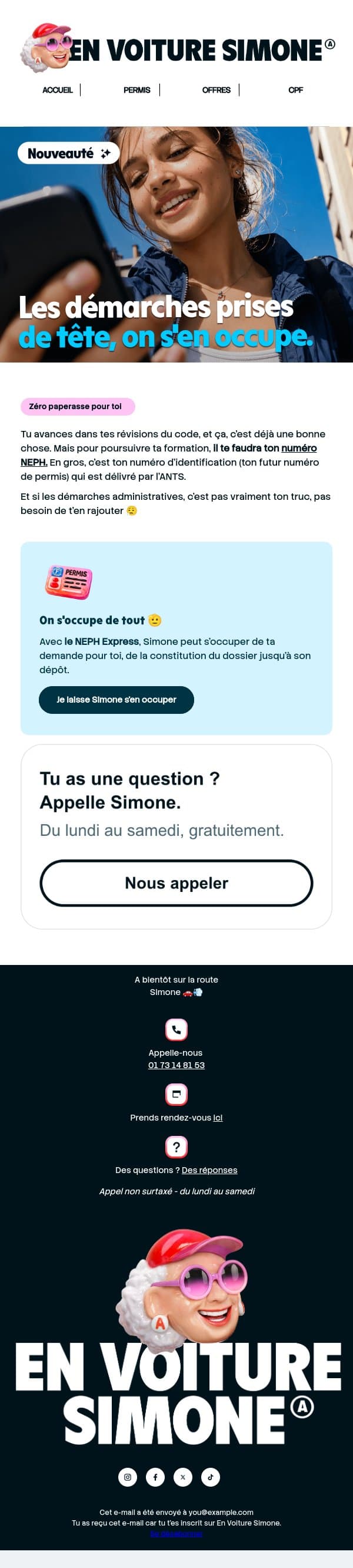 Ton code avance, pense à ton NEPH 👀 email from En Voiture Simone screenshot