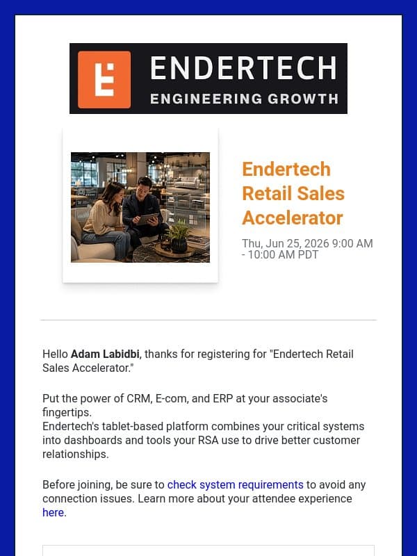 Endertech Retail Sales Accelerator Confirmation email from Endertech