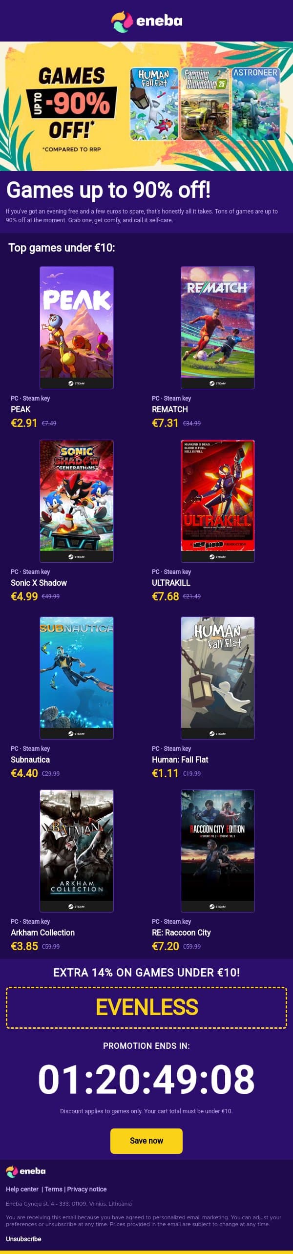 Games up to 90% off email from Eneba screenshot