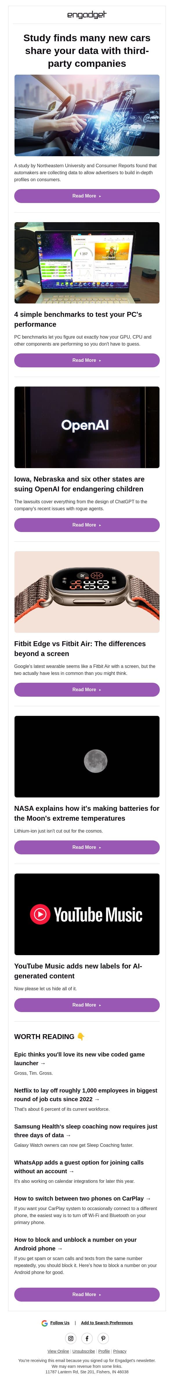 🤯 Is your car sharing your data with third-party companies?! email from Engadget screenshot