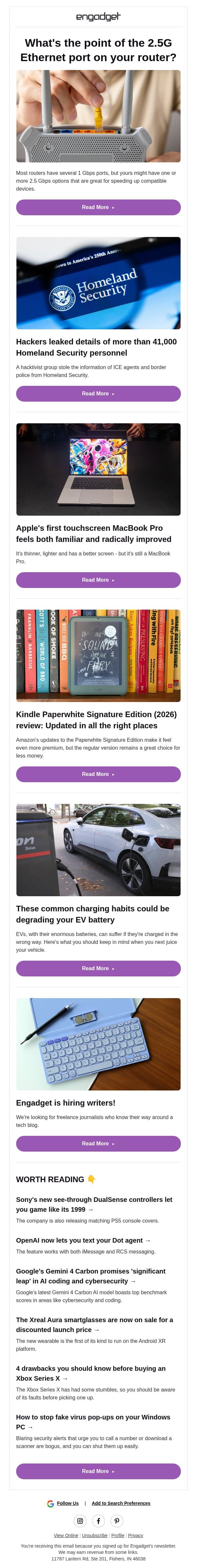 π What's the point of the 2.5G Ethernet port on your router? email from Engadget screenshot